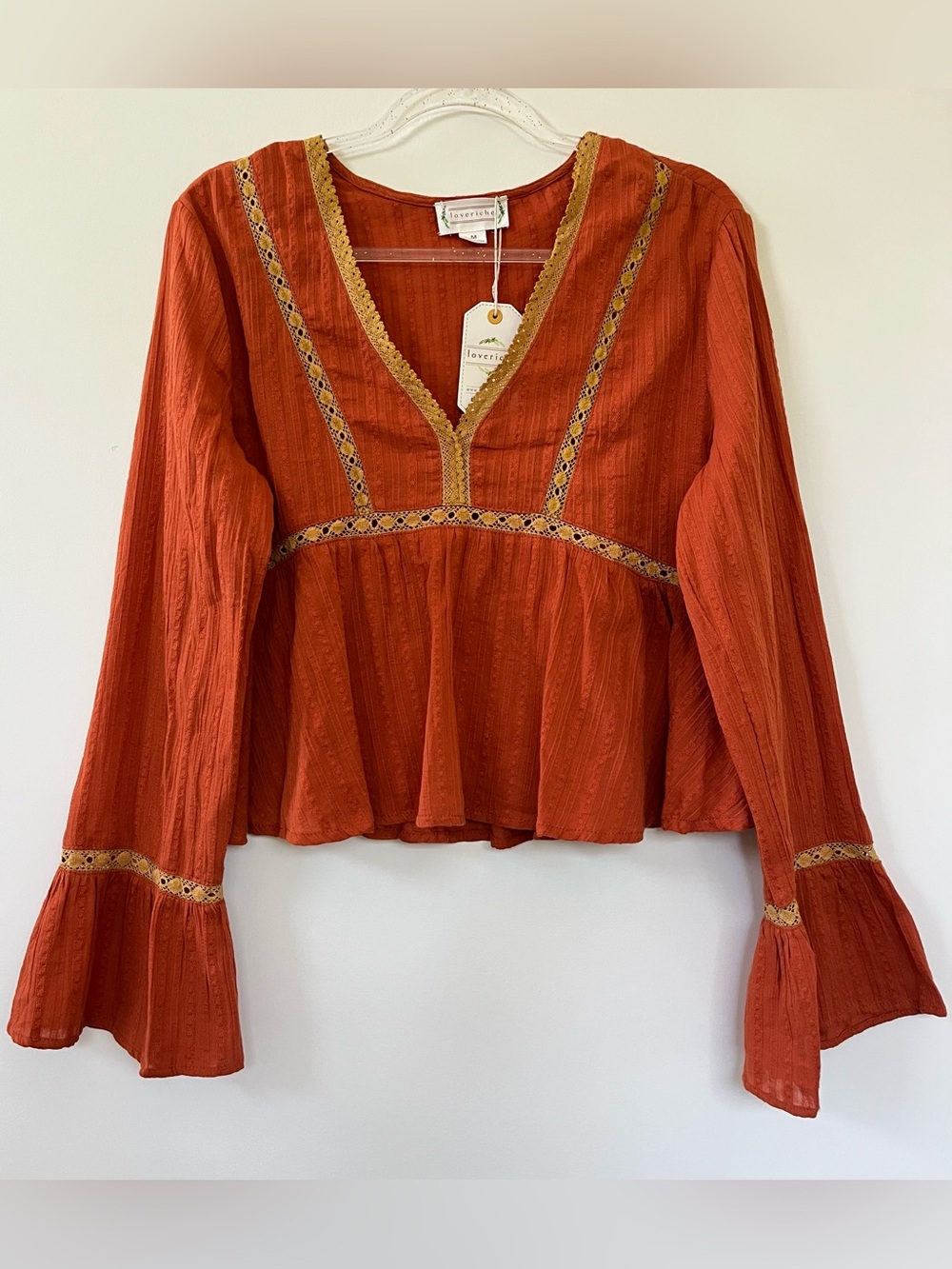 Love Riche Burnt Orange Peasant Blouse Top with Gold Trim Long Bell Size M NWT